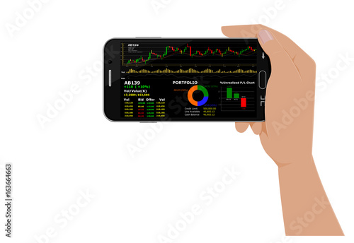 Isolated Hand hold smart phone which using stock trading application
