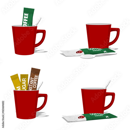 set composition of instant coffee with cup on transparent background
