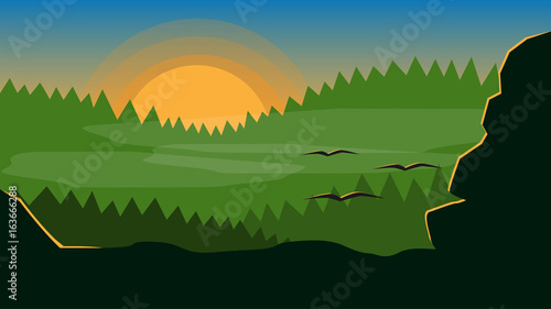 sunrise over the green forest vector background