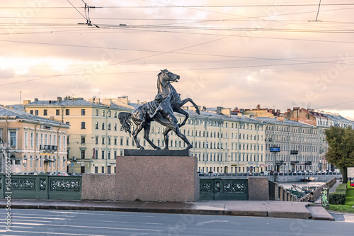 29.06.2017 ,Saint Petersburg , Russia . Early morning at Nevsky Prospect Anichkov Bridge