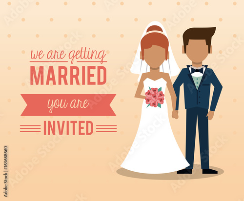 colorful card of invited of we are getting married with faceless couple of just married