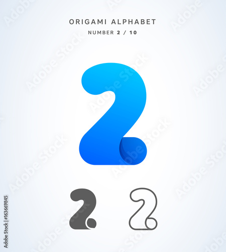 Vector origami alphabet. Number 2 logo template