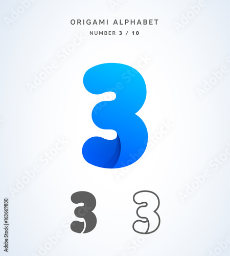 Vector origami alphabet. Number 3 logo template