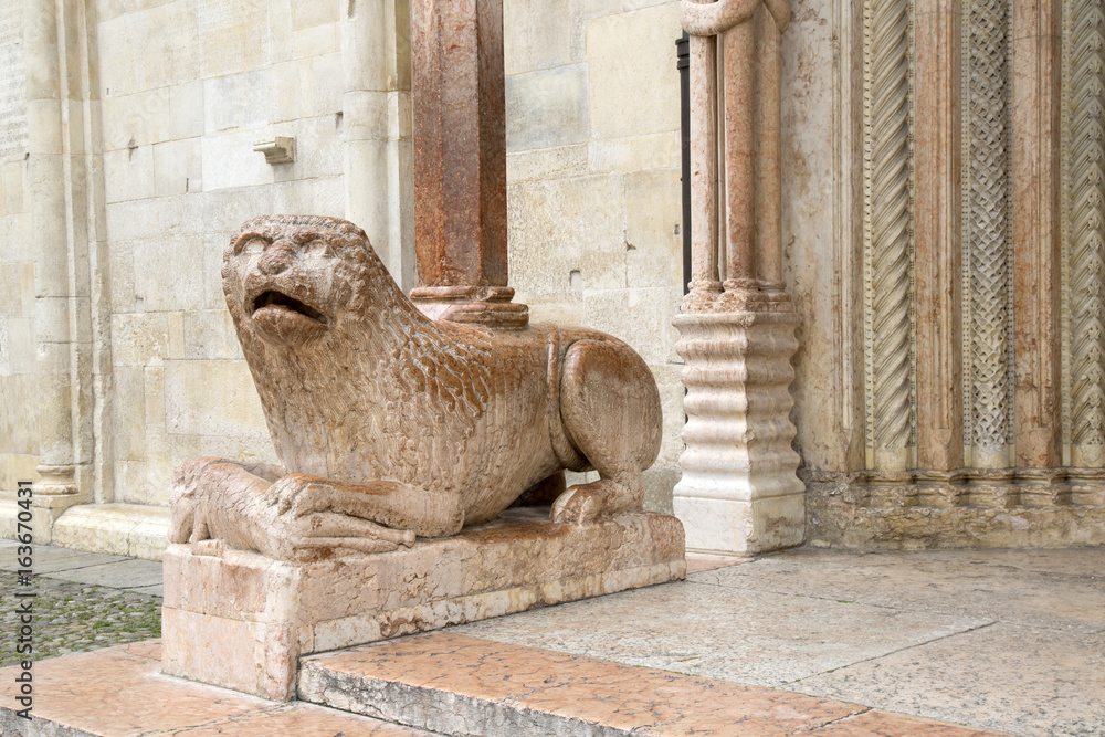 Lion and Facade at Cathedral Church Entrance, Modena