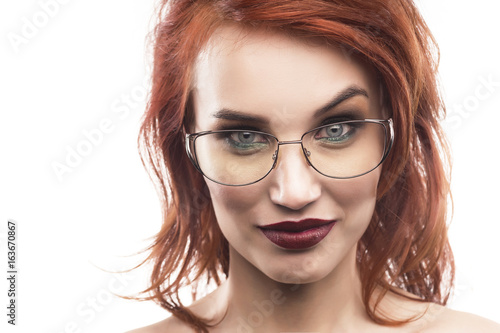 Eyewear glasses woman portrait isolated on white