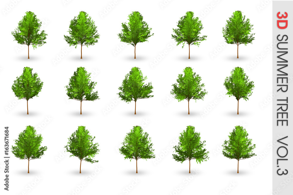 Fototapeta premium 3D Summer set Tree collection object isolated on white volume 3