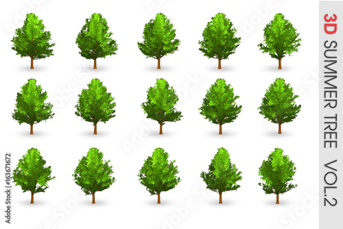 3D Summer set Tree collection object isolated on white volume 2