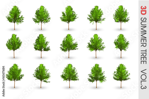 3D Summer set Tree collection object isolated on white volume 3
