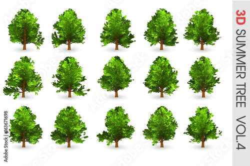 3D Summer set Tree collection object isolated on white volume 4