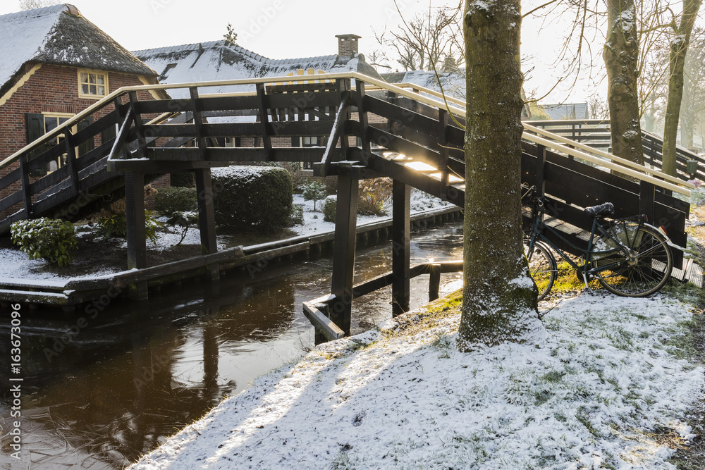 Winter Bridges with Bicycle in Giethoorn