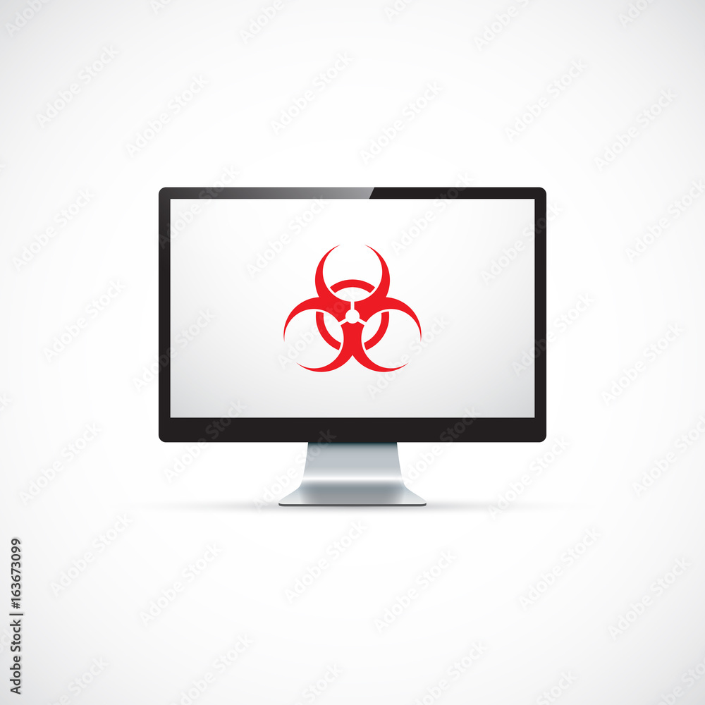 Computer virus protection concept. Biohazard symbol on the screen Computer virus protection concept. Biohazard symbol on the screen