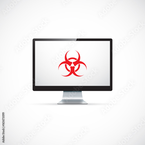 Computer virus protection concept. Biohazard symbol on the screen