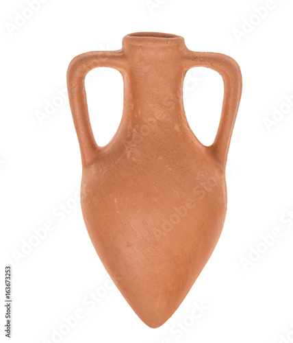 old clay amphora is isolated on white background, close up photo