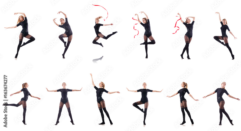 Young woman dancing on white background