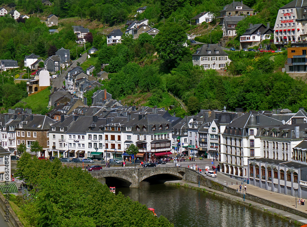 Beautiful townscape with the hillside village of Bouillon, an aerial view from Bouillon Castle, Belgium 