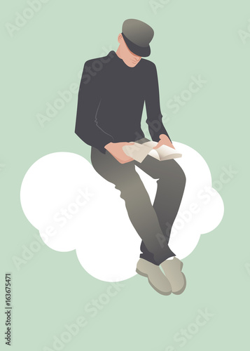 Young man reading sitting on a cloud. Vector Illustration