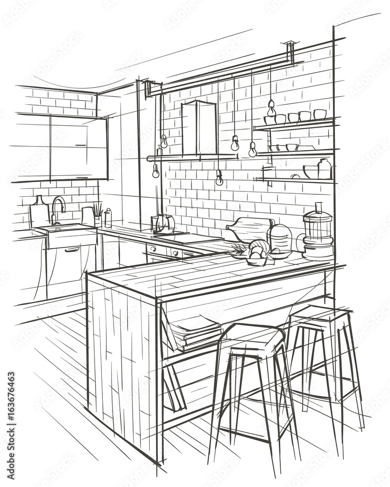 Architectural sketch of modern kitchen. Vector.