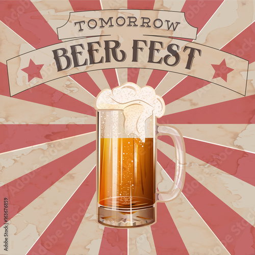 Vintage beer mug grunge vector illustration poster, isolated. Beer fest text. Vintage beer mug poster. Retro design pub and bar poster. 