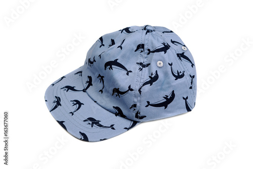 Blue baseball cap with a dolphin pattern. Isolate