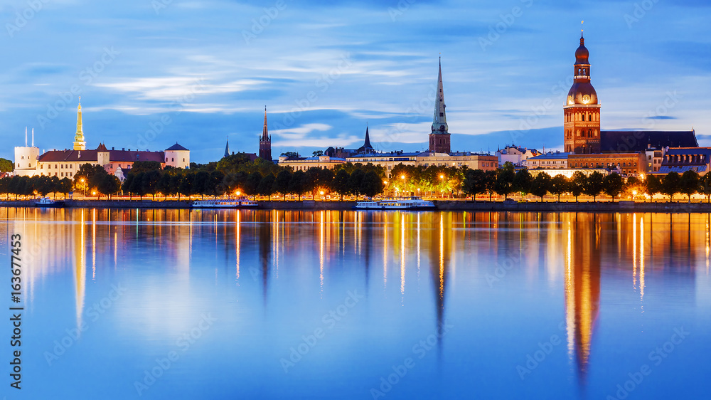 Panorama of the night Riga, Latvia