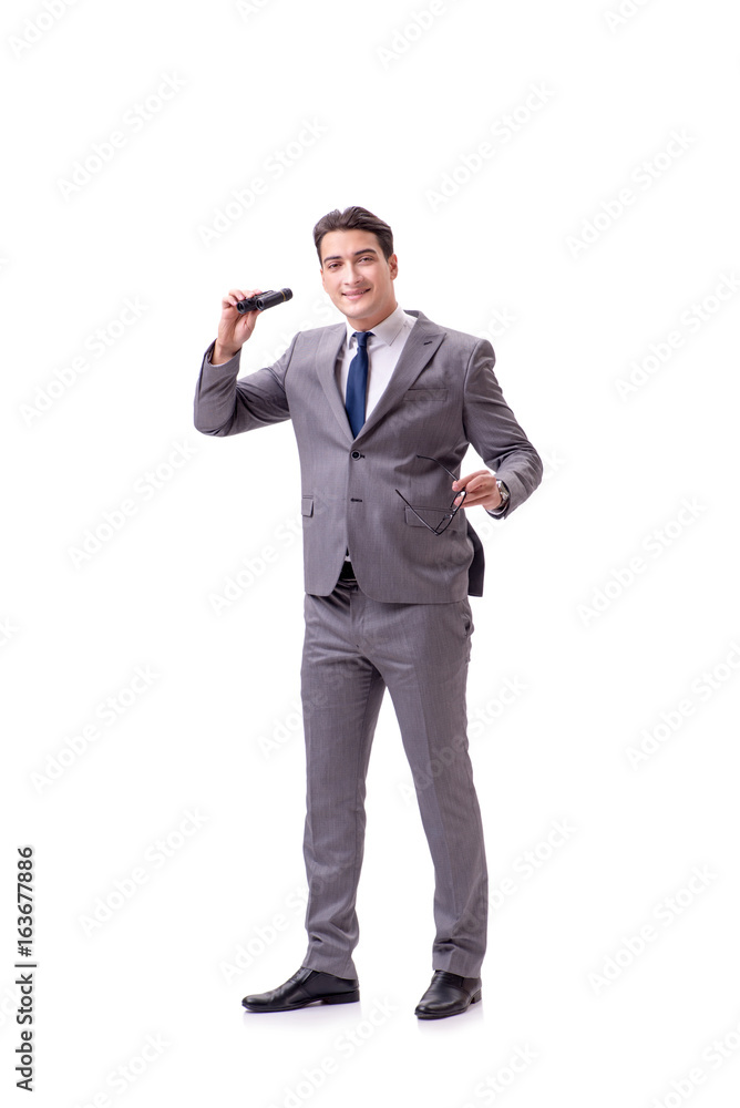 Young man with binoculars isolated on white Young man with binoculars isolated on white