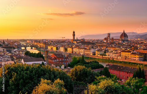 Sunset view of Florence, Ponte Vecchio, Palazzo Vecchio and Florence Duomo, Italy photo