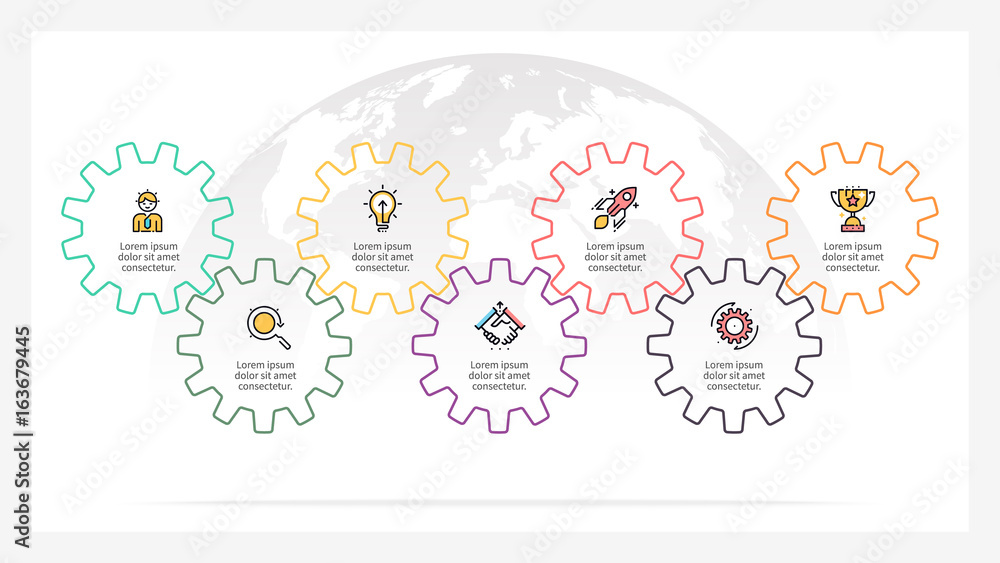 Fototapeta premium Business infographics. Presentation with 8 steps, gears. Vector template.