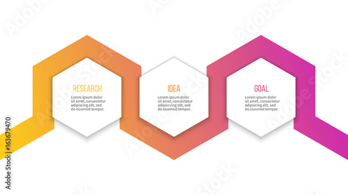 Business infographics. Presentation with 3 steps, hexagons. Vector template.