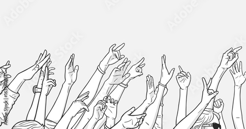 Illustration of crowd cheering with raised hands at music festival