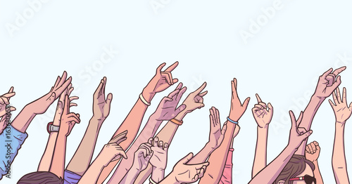 Illustration of crowd cheering with raised hands at music festival