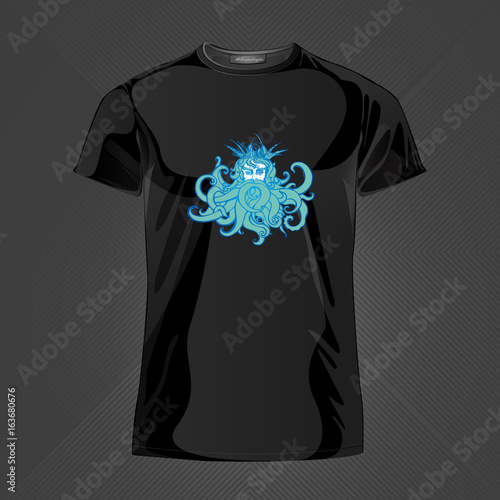 Original print for t-shirt. Black t-shirt with fashionable design - Poseidon or Neptune head. Vector Illustration