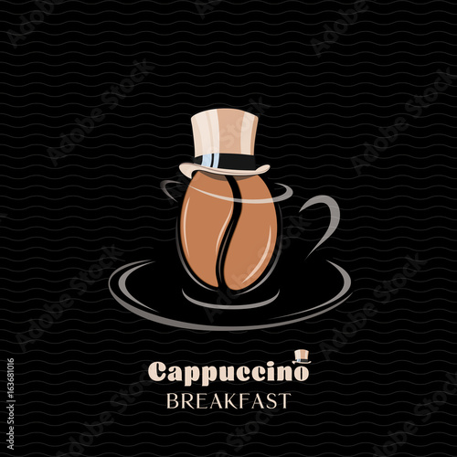 Gentleman coffee bean Cappuccino Breakfast with a top hat vector illustration. Perfect cafe poster. Stylish coffee cup with coffee bean. 