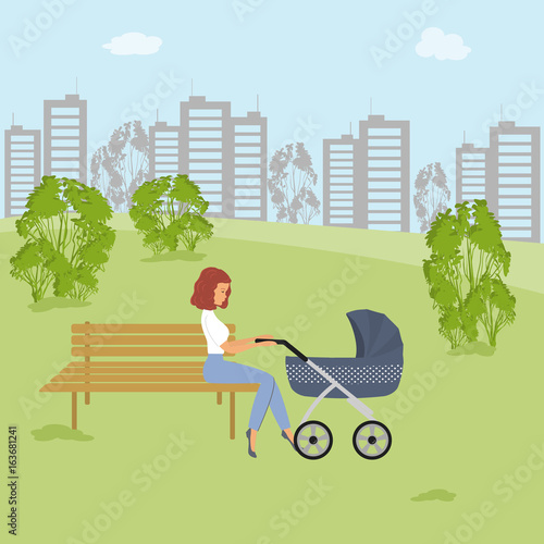 Young woman is sitting with a baby stroller on the bench in the park. There are trees, bushes, silhouettes of buildings in the picture. Vector illustration.
