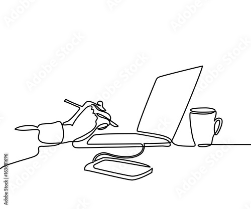 Continuous line drawing. Laptop computer with cup of coffee and hand with pen, phone. Vector illustration