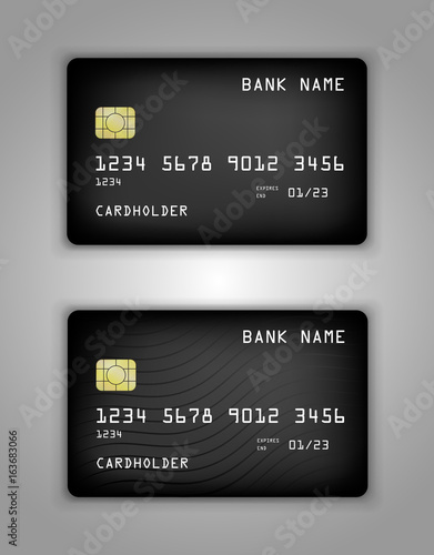Vector set Realistic credit bank card mockup. Black gradient pattern.