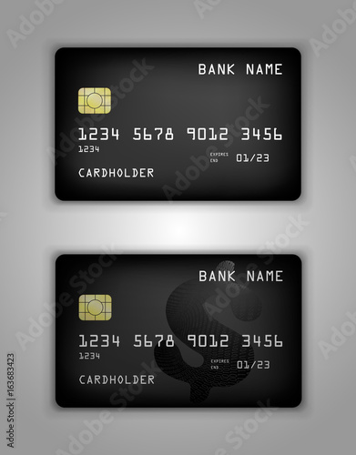 Vector set Realistic credit bank card mockup. Black gradient pattern.