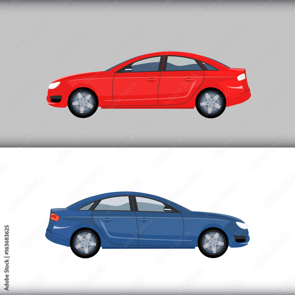 Classic set of two cars vector illustration over background. Blue and red colors. 