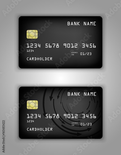 Vector set Realistic credit bank card mockup. Black gradient pattern.