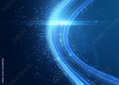 Vector background. Bright glowing curve on dark, with light particles.