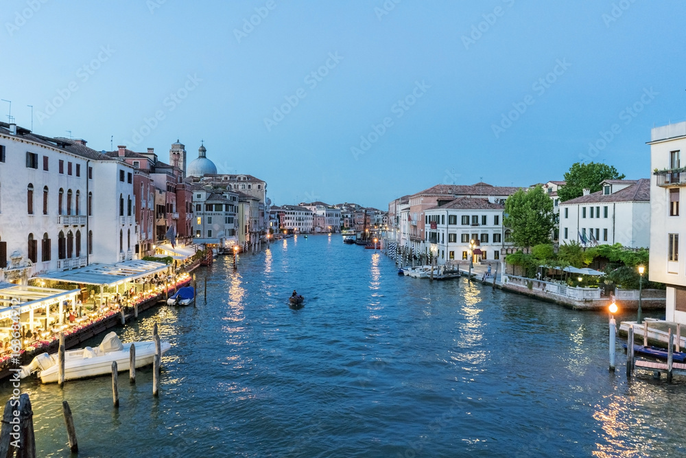 Night view of the Grand Canal in Venice from the bridge called 