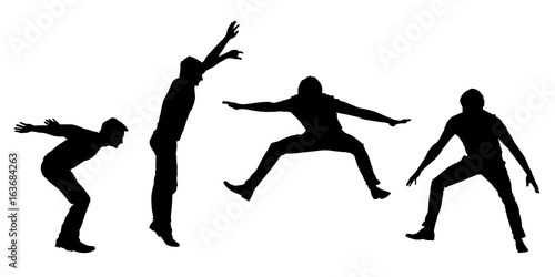 Set of black vector silhouettes jumping young man in motion, isolated on white background
