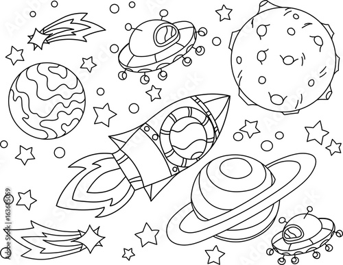 The rocket flies to the moon coloring book. Antistress planet, earth and moon Vetor illustration in zentangle style. photo