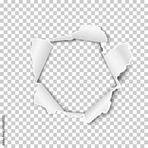 Torn hole in the sheet of paper on a transparent background. Vector template design.