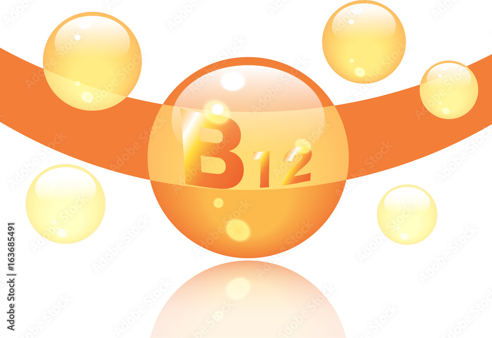 Vitamin B12 shining pill capcule icon . Vitamin complex with Chemical