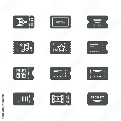 Vector line art ticket icon design. Simple and clean icon set. Airplane, train, bus, concert minimalistic style.