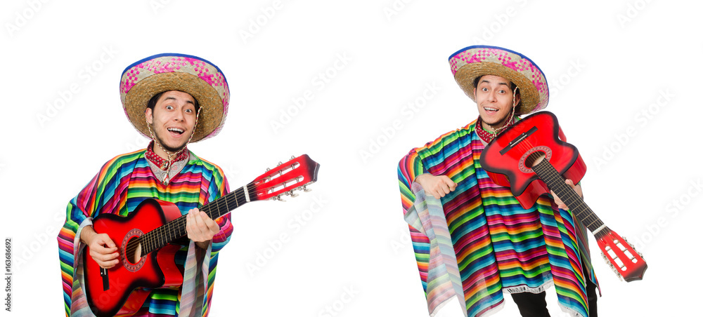 Funny mexican with guitar isolated on white