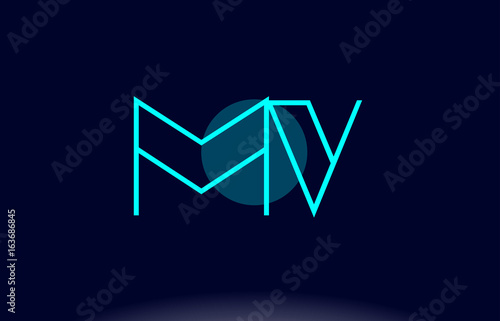 mv m v blue line circle alphabet letter logo icon template vector design