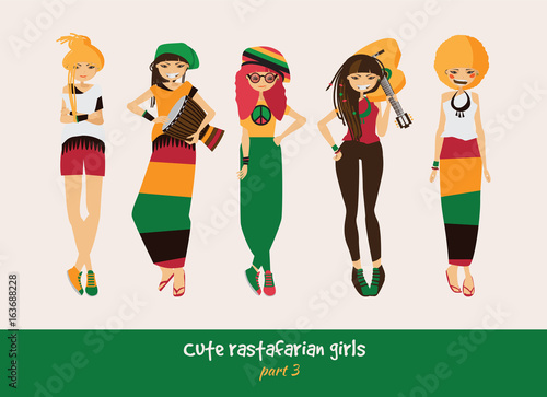 Vector set with isolated rasta girls. Rastafarian clothes in bright colors, ethnic accessories, music instruments. Smiling characters with dreadlocks.