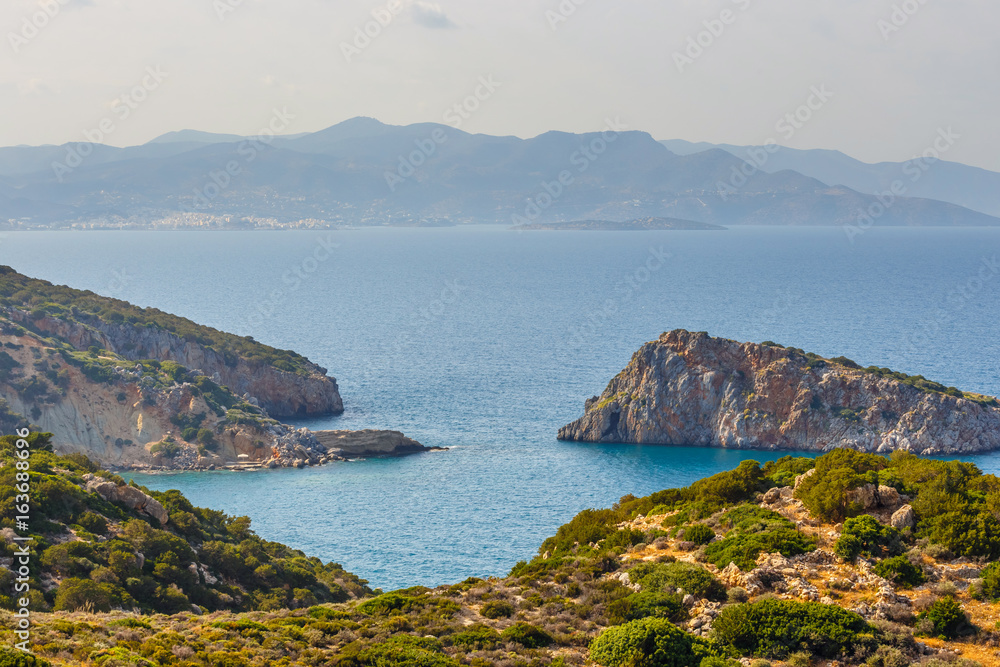 Fototapeta premium Beautiful greek seascape at sunny day. Place of north Crete, east of Agios Nikolaos