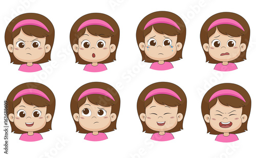 Set of emotion cute girl ,angry ,surprised,cry,fear,smile,think,laugh,shout.